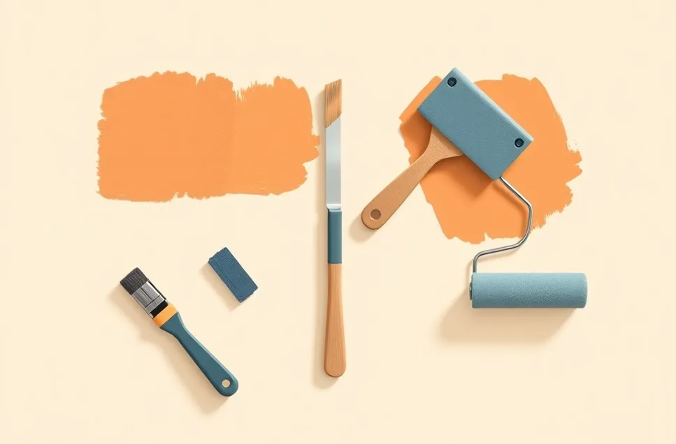 Outils de peinture disposés dans l'ordre des étapes du chantier