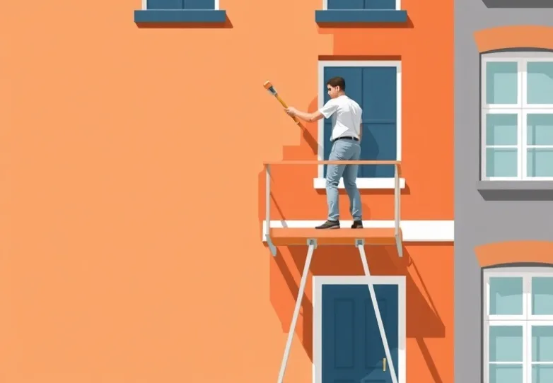 Peintre sur échafaudage traitant la façade d'une maison